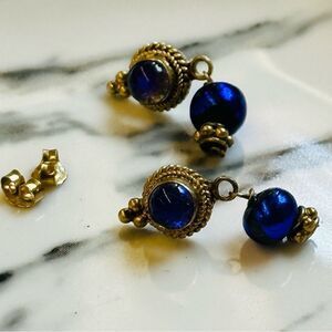 Sterling‎ Silver Gold Wash Purple Glass Blue Bead Earrings